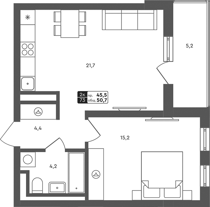 Планировка 1-к.кв, 50.7 м² в ЖК Совушки